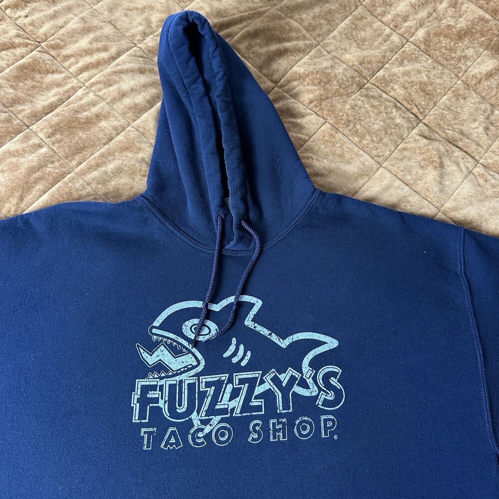 Fuzzy’s Taco Shop Shark Hoodie Eat Me Pullover Sweater Size XL Navy Blue
